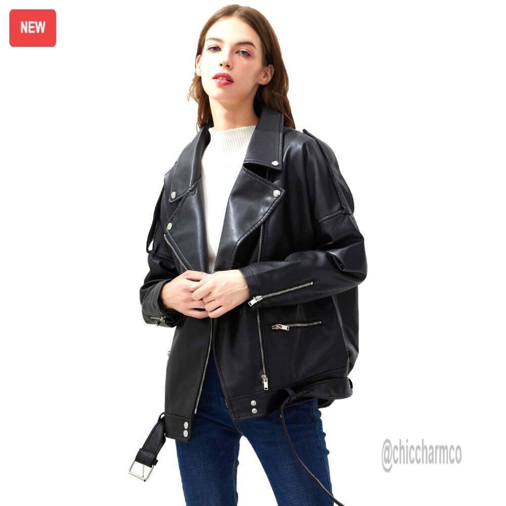 Faux Leather Motor Biker Jacket with Belt, Zipper Pockets, Sizes S-M-L